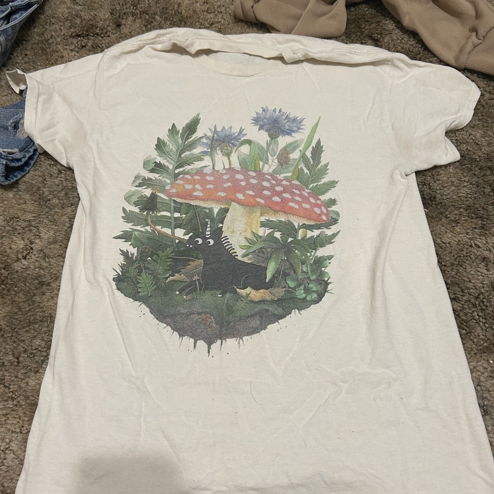 White T-Shirt with Mushroom and Nature Print